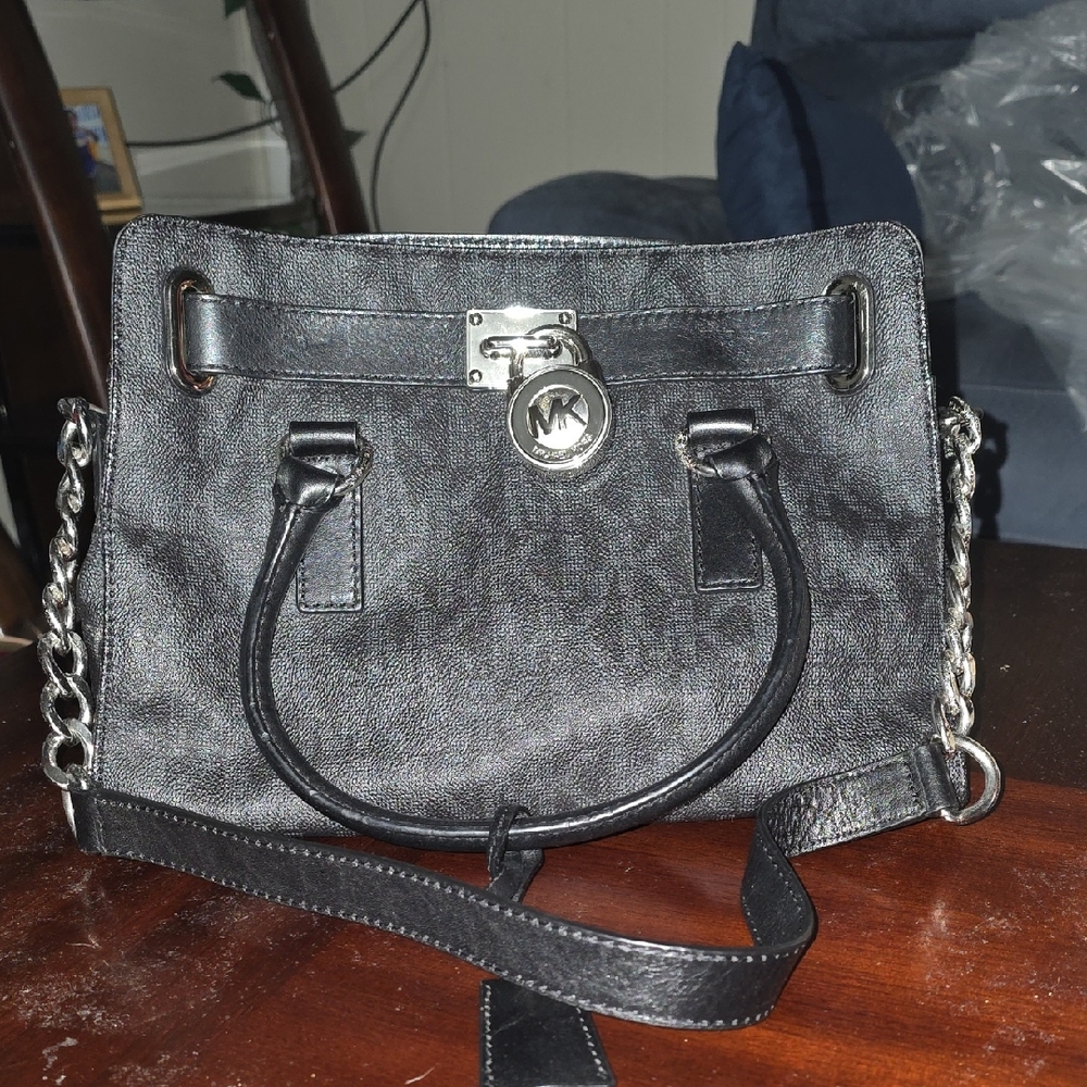 MICHAEL Michael Kors Black Leather Satchel with Chain Strap